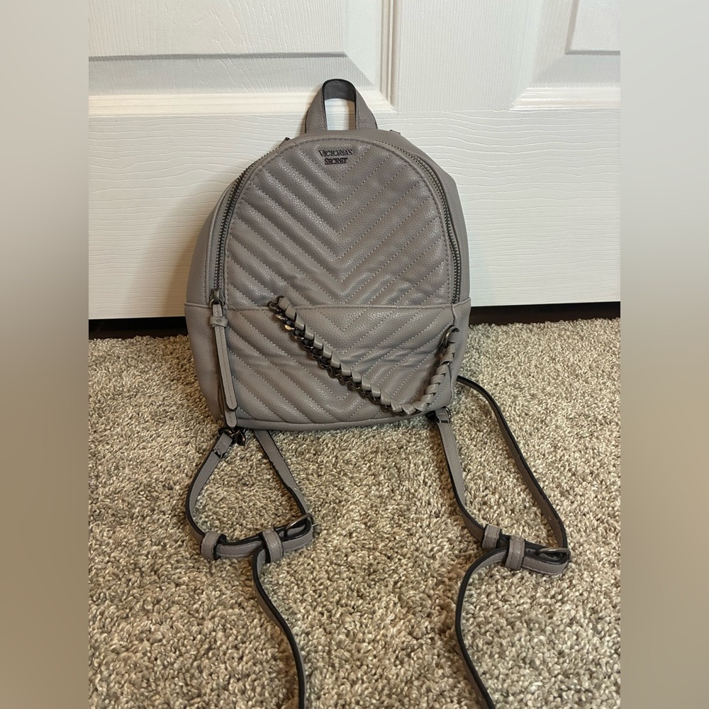 Victoria’s Secret Lavender Grey Leather Mini Backpack Purse, Chevron Detailing